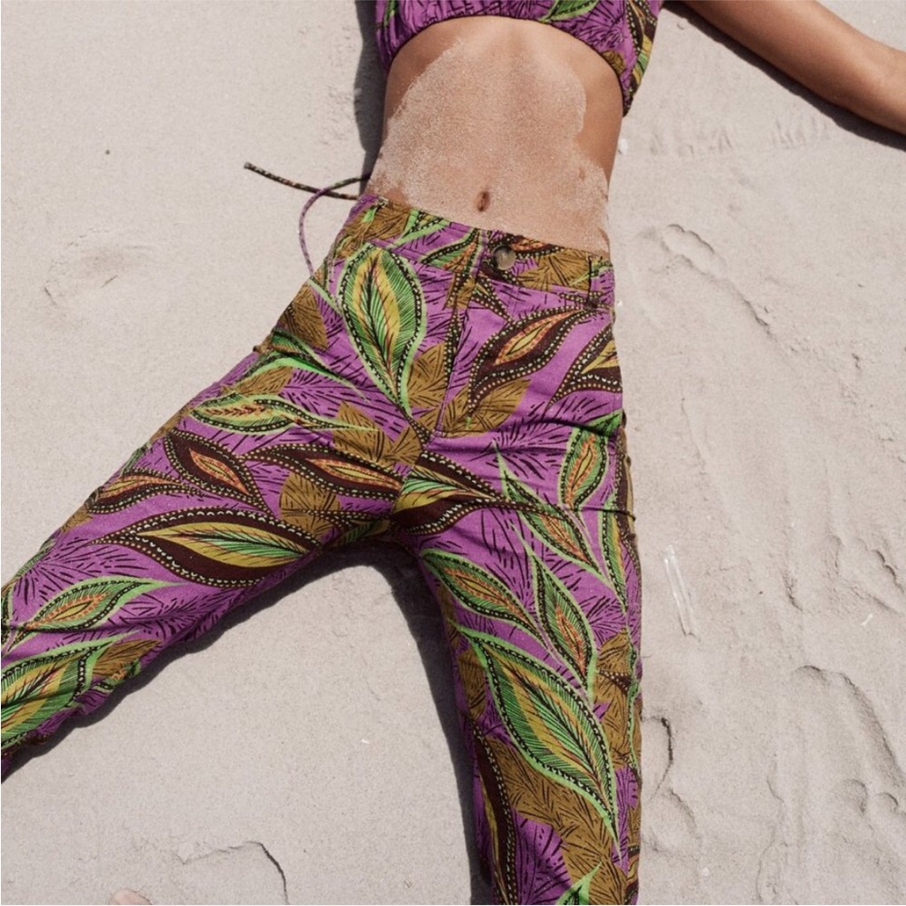 Zara Linen Blend Leaf Print Wide Leg Trouser Women's Size XS NWT